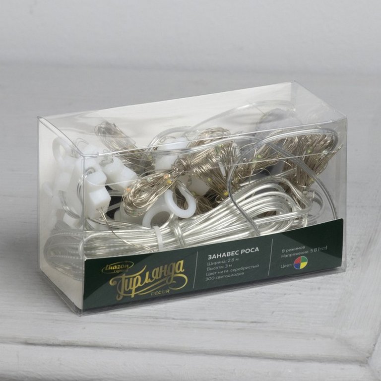 Гирлянда комнатная Занавес Роса 2.8*3м 300 цв. ламп, 8 реж, на крючках,пульт (от-10 до+35 °С) от USB