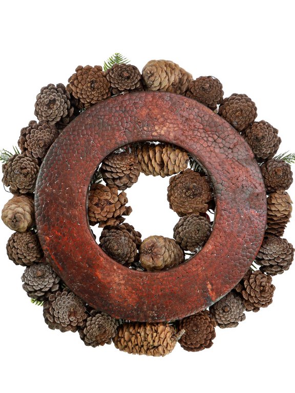 Венок хвойный d=30 см., цв. зеленый, заснеженный, с шишками и цветами, MILAND