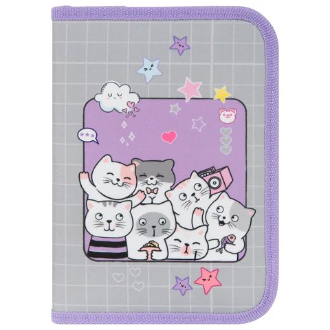 Пенал 1 отд. 2 откид. планки для девочки Пифагор "Cats selfie" 20*14 см полиэстер