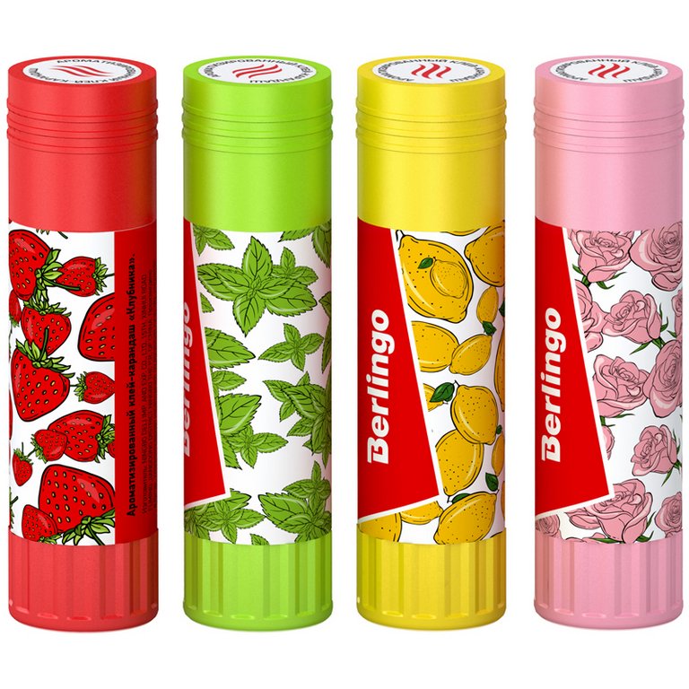 Клей карандаш Berlingo "Aroma", 21г, ароматизированный (мята, лимон, клубника, роза)
