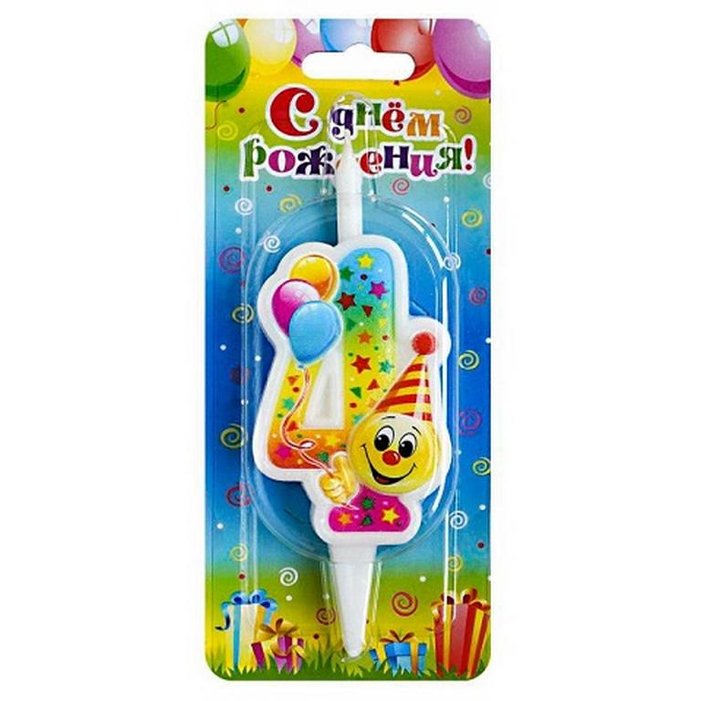 Свеча для торта "Цифра  4" Смайлик с шарами