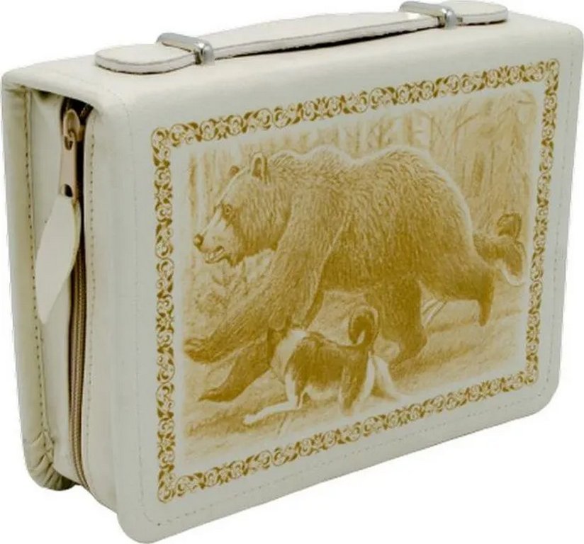 Несессер подарочный "Дипломат" футляр из кожи с худож. выжиганием, приборы на 3 персоны, бежевый