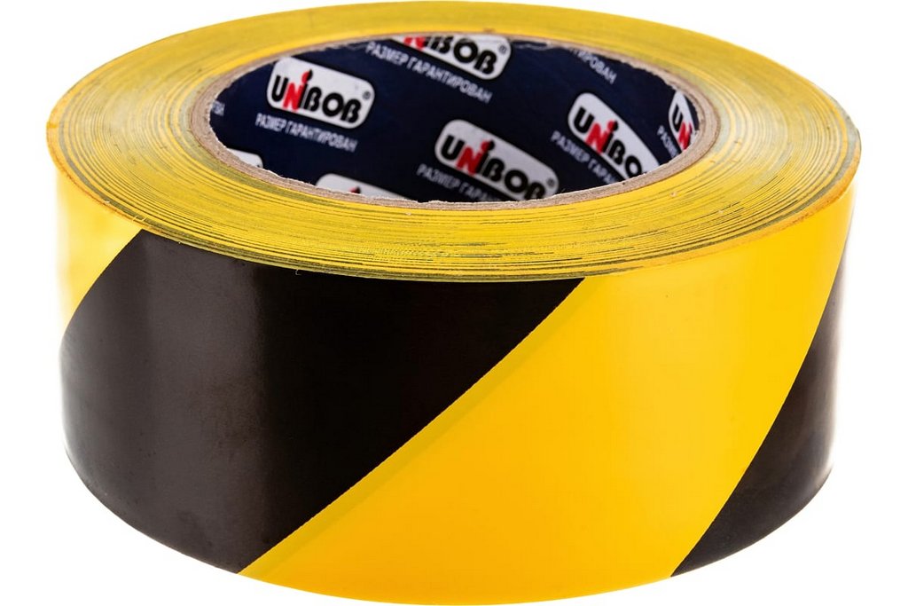 Лента сигнальная для разметки ПВХ желто-черная 50 мм x 50 м, 150 мкм, Unibob клейкая