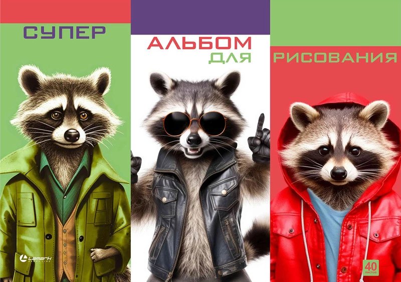 Альбом для рисования А4 40л. на клею "Еноты в куртках", Lamark