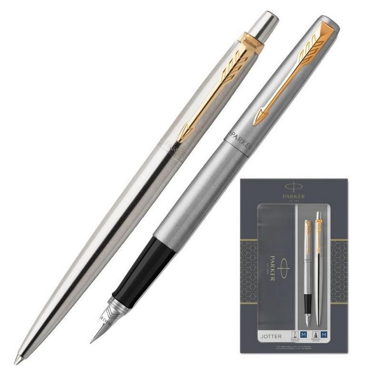 Набор подарочный Parker "Jotter Stainless Stee" (ручка шарик. 1мм и ручка перьев 1мм, корп. серебро)