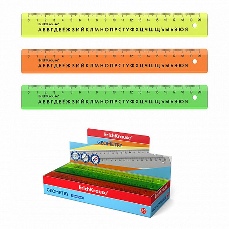 Линейка 20 см. пласт. прозрачная ErichKrause "Neon", цв. ассорти