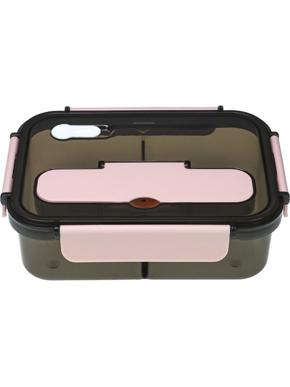 Ланч-бокс 1100 мл (с приборами, два отделения) розовый "Время обеда"