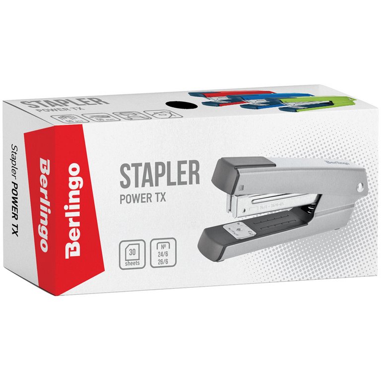 Степлер 24/6 до 30л металлический, Berlingo "Power TX" синий с антистеплером