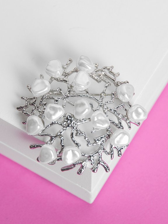 Брошь металл "Жемчужная россыпь" белая в серебре