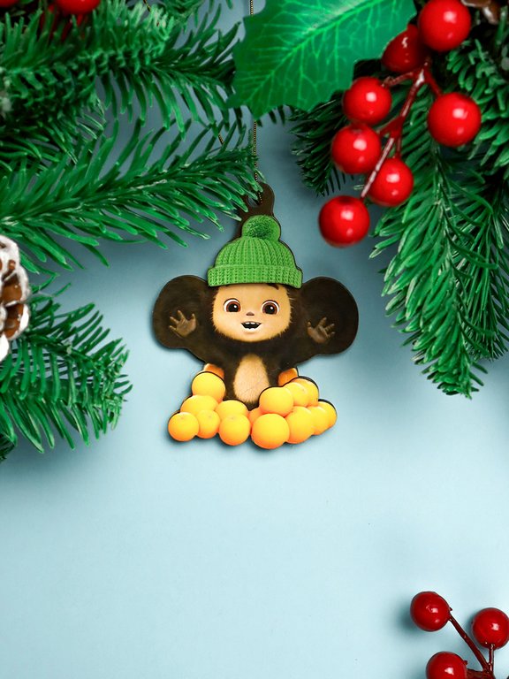 Украшение елочное из дерева "Чебурашка и апельсины" 9,3*13 см