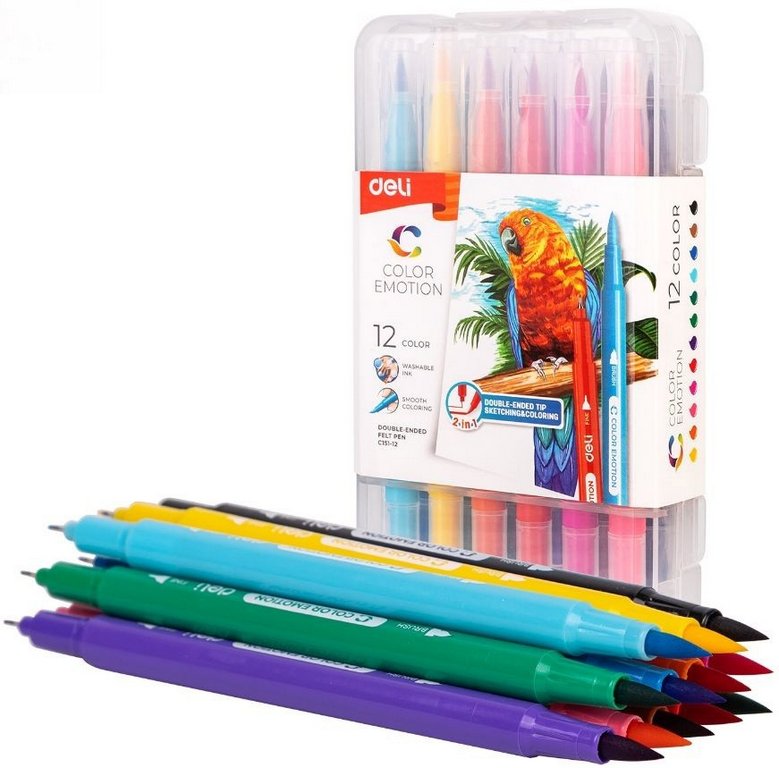 Набор фломастеров 12 цв. Deli "Color Emotion" двусторонние (кисть, игловидный), в пластиковом пенале