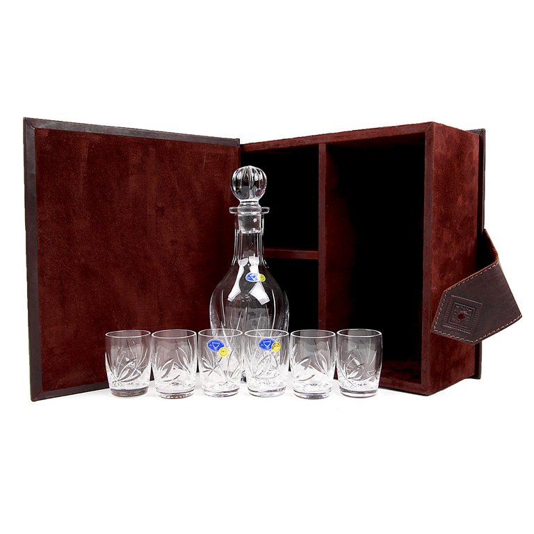 Бар-книга "Макей" деревянный (натуральная кожа) + (1 графин+6 рюмок)