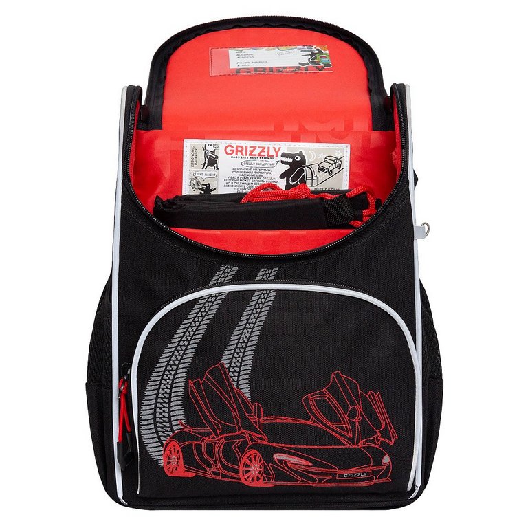 Ранец для мальчика Grizzly + сумка д/обуви, 25*33*13см., черный/красный