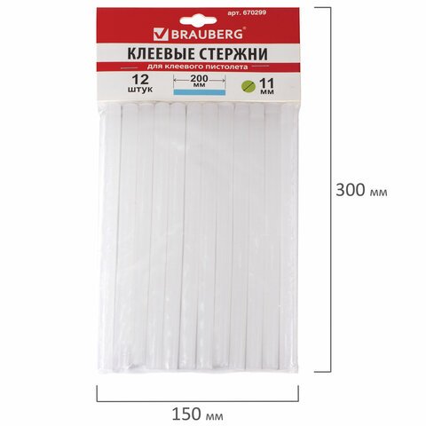 Клей для клеевого пистолета d=11мм, l=200мм (12шт/уп) Brauberg, белый