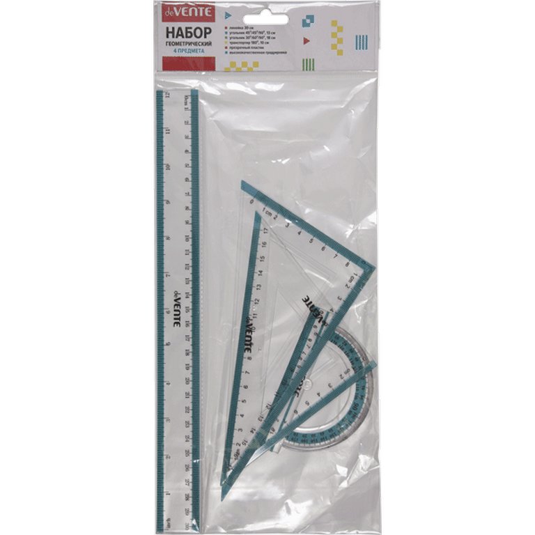 Набор чертежный (набор линеек) 4 пред. (2треуг., линейка 30см., транспортир) deVENTE