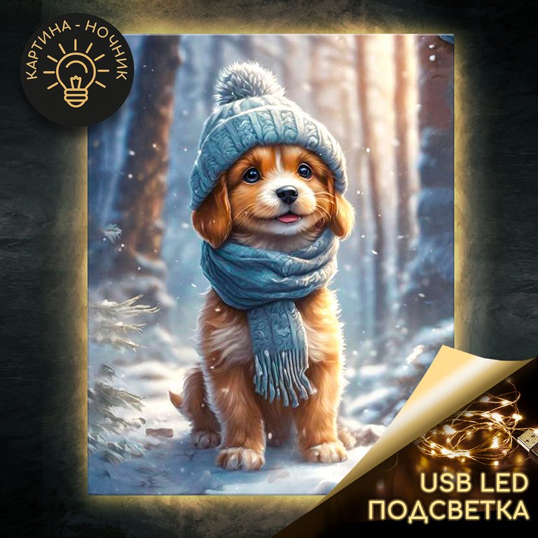 Роспись по номерам (холст) 40*50см "Щенок на прогулке" (основа+краски+кисти) 23цв., LED подсветка