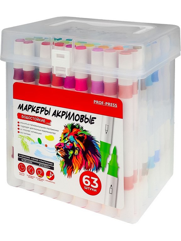 Набор маркеров акриловых 63 цв. двусторонние (в пластик. кейсе) Prof-Press