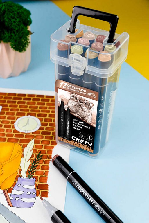 Маркер для скетчинга  12шт/уп Феникс+ КАЛАН двусторонние в пласт. пенале