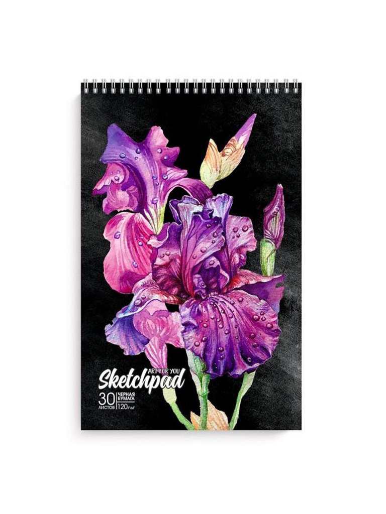 Скетчбук 210*297 мм, 30л. гребень "КРАСИВЫЕ ЦВЕТЫ" черный офсет 120 г/м2,