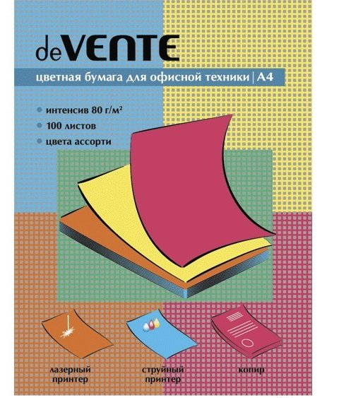 Бумага "deVente" 80г/м2 А4, 100 лист/уп, смесь интенсивных цветов (5 цветов)