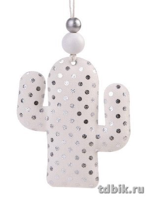 Украшение елочное из ткани "Кактус с серебряными кружочками" 7,5*1,5*8,5см