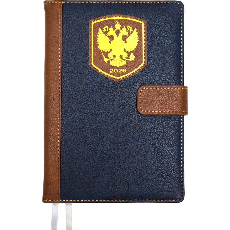 Ежедневник дат. 2026 г. А5 deVente "Blazon" синий с коричневым, иск. кожа в подарочной коробке