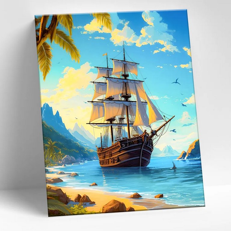 Роспись по номерам (холст) 15*20см "В спокойной бухте" (основа, акрил. краски, кисти)