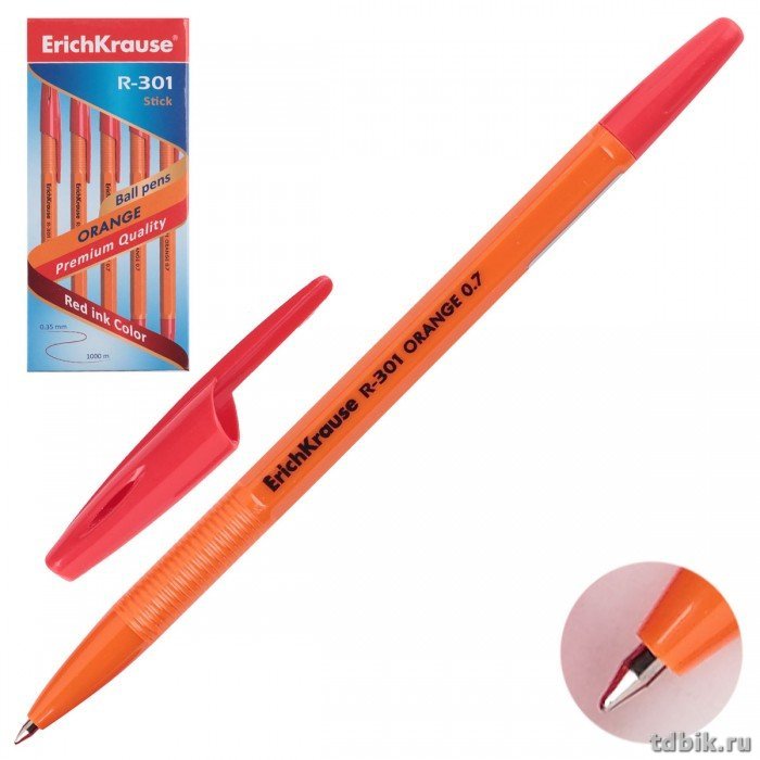 Ручка шариковая ErichKrause R-301 Orange 0,7мм красная (стерж.140мм, линия 0,35мм)