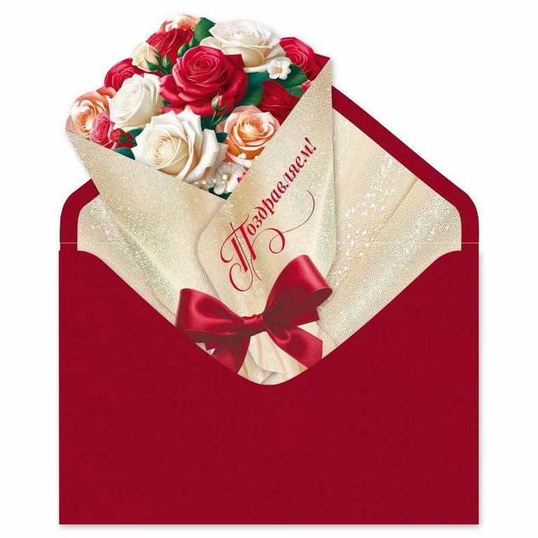 Открытка средняя "Поздравляем!" текст, с худ.конвертом