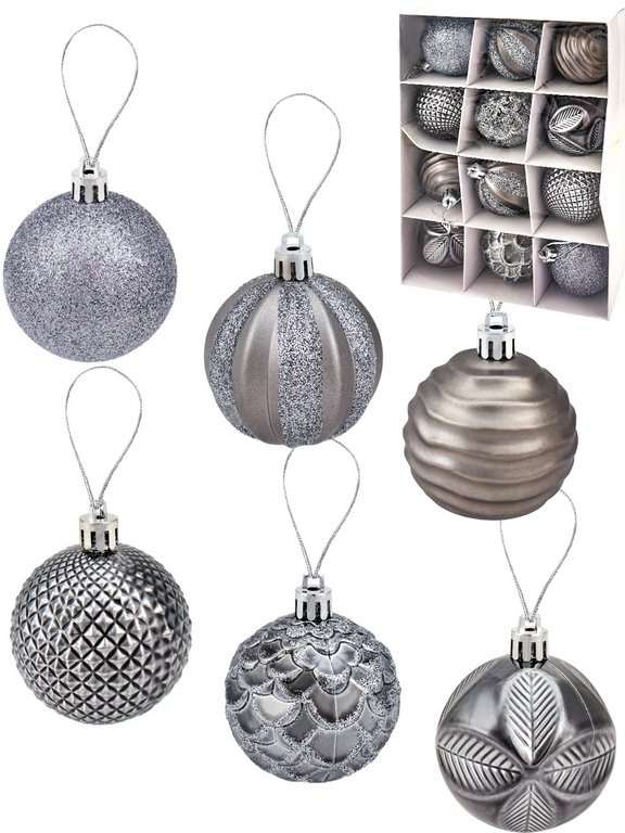 Набор шаров  цвет серебро  60 мм 12 шт "Метель" (ассорти)