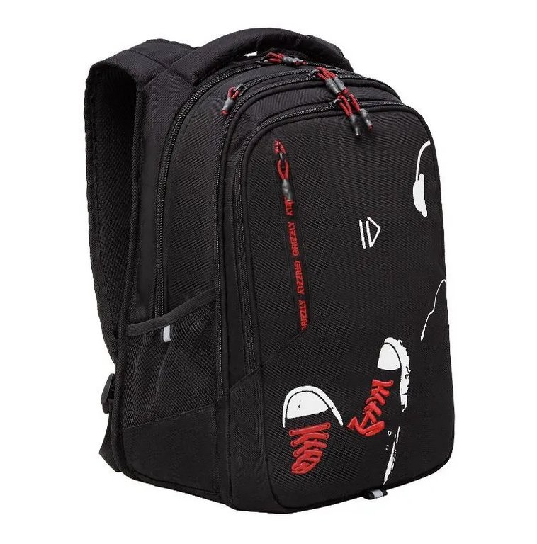 Рюкзак школьный для мальчика Grizzly 42*31*22 см, черный/красный