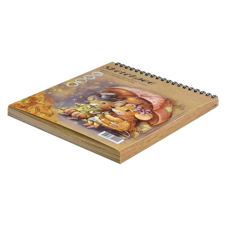 Скетчбук 168*195 мм, 40л. гребень "МЫШИ ПОД ЗОНТОМ" крафт-бумага 80 г/м2