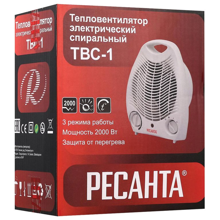 Тепловентилятор РЕСАНТА ТВС-1, 2000 Вт, 2 режима, белый