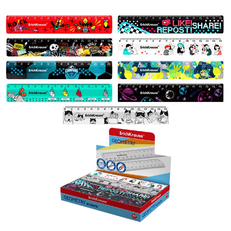 Линейка 15 см. пласт. ErichKrause ассорти