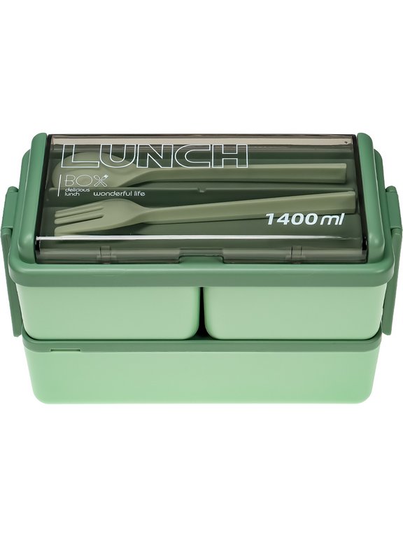 Ланч-бокс 1400 мл (с приборами, три отделания) зеленый "Ланч"
