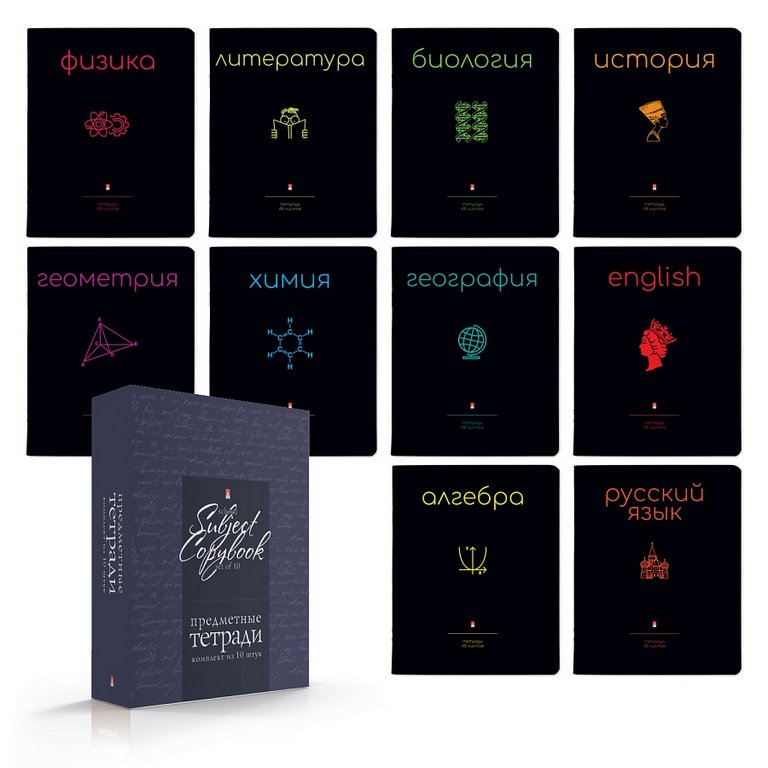 Тетради в наборе 48 лист (10шт/уп предм.тетрадей) А5 на скрепке, со справ. мат-ом "SIMPLE BLACK"