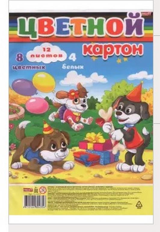 Набор цв. картона А4 12 лист 8 цв.+4бел. "ВЕЧЕРИНКА У ЩЕНКОВ" Profit