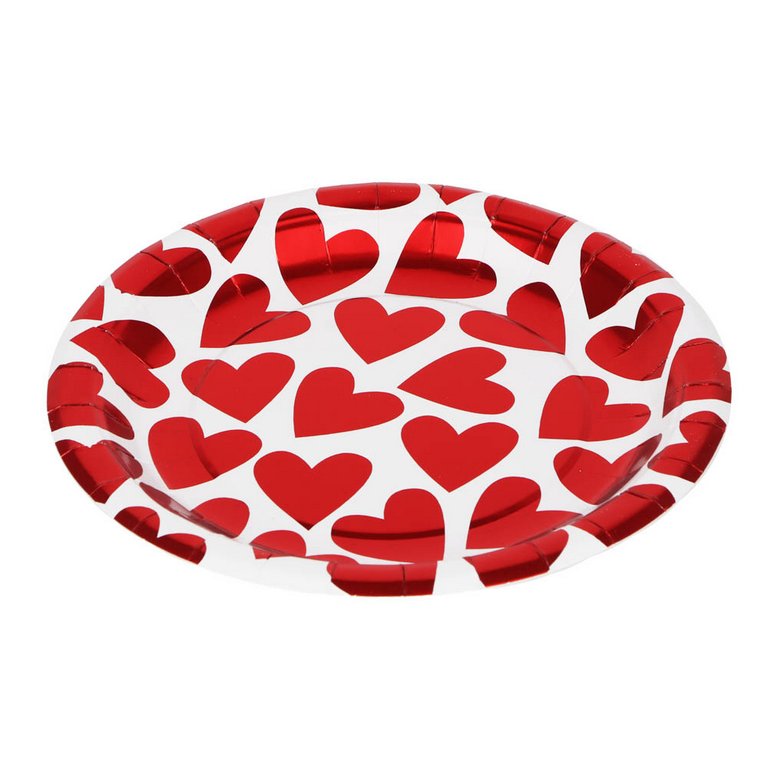 Тарелка картон d200  6 шт/уп "Фольгированные сердечки" ассорти