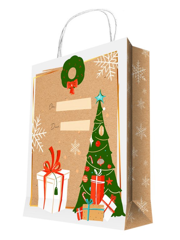 Пакет бумажный НГ 26*33см крафт (елка, подарки)