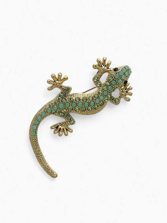 Брошь металл "Ящерица" зелёная в золоте
