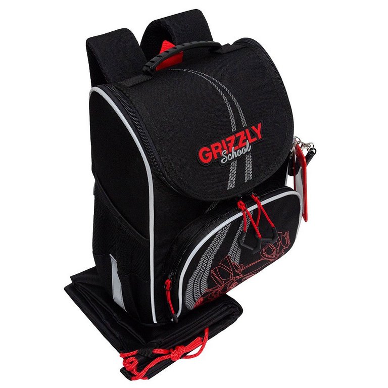 Ранец для мальчика Grizzly + сумка д/обуви, 25*33*13см., черный/красный