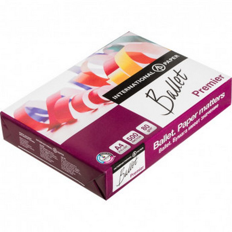Бумага офисная Ballet Premier А4, 80г/м2, 162+/-3% CIE, 98% ISO,толщ.106мкм, непрозр.93%, 500 л/пач.