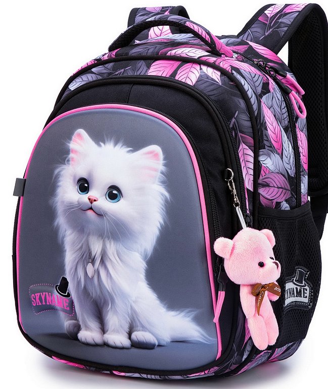 Рюкзак школьный для девочки SkyName "Белый котенок" (брелок мишка) 37x30x18 см