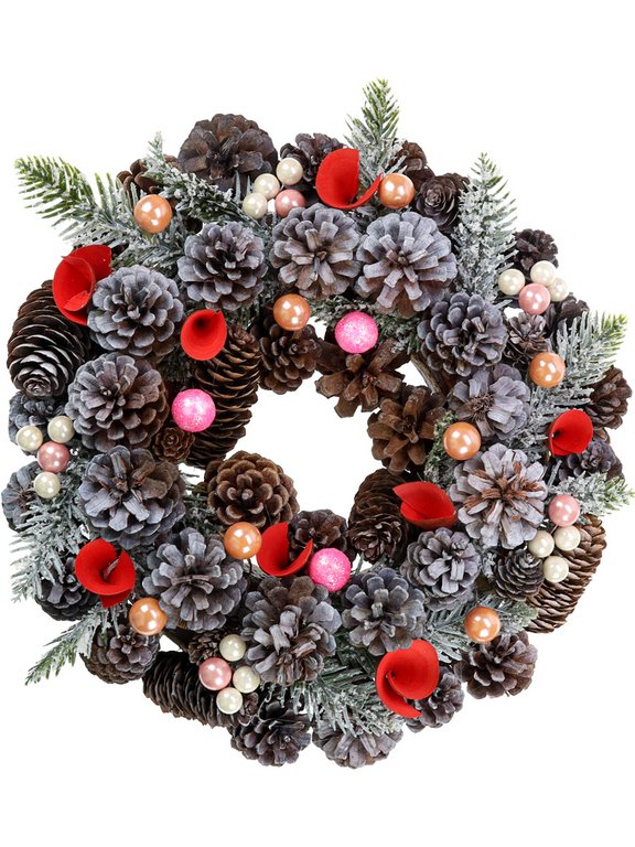 Венок хвойный d=30 см., цв. зеленый, заснеженный, с шишками и цветами, MILAND