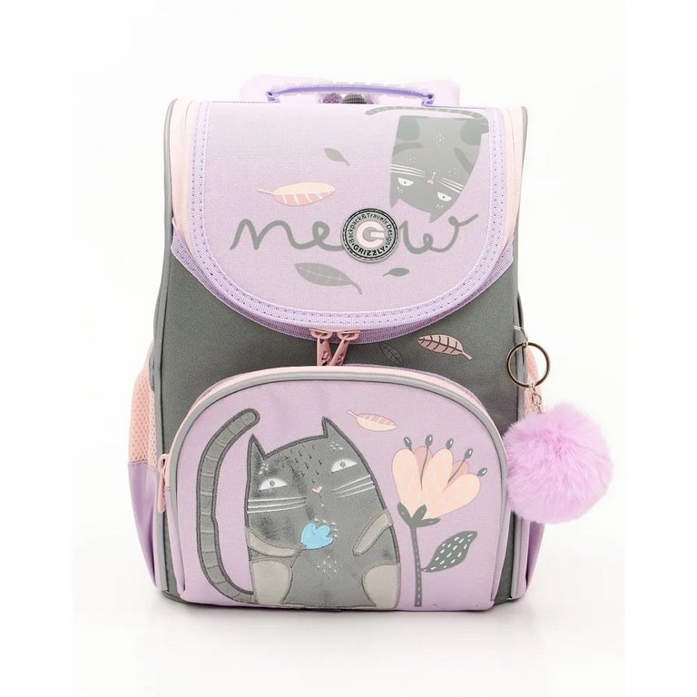 Ранец для девочки Grizzly + сумка д/обуви, 25*33*13см., лаванда/серый