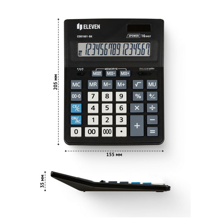 Калькулятор наст. Eleven CDB1601-BK (16 разр., 2 питания, 205*155мм) черный