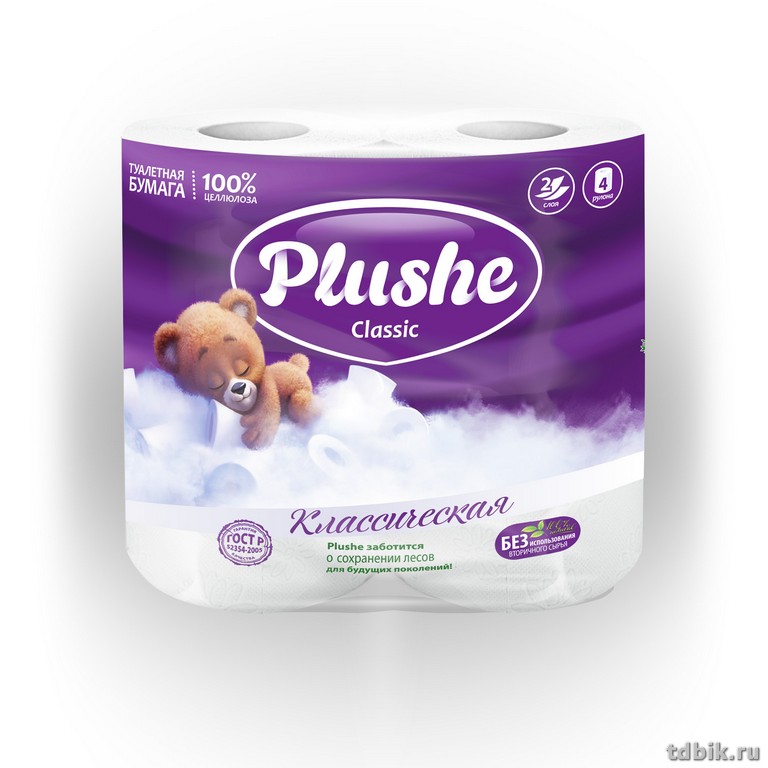 Туалетная бумага (4 рул/уп) Plushe Classic 2 слоя, белая Туалетная бумага (4 рул/уп) Plushe Classic 2 слоя, белая