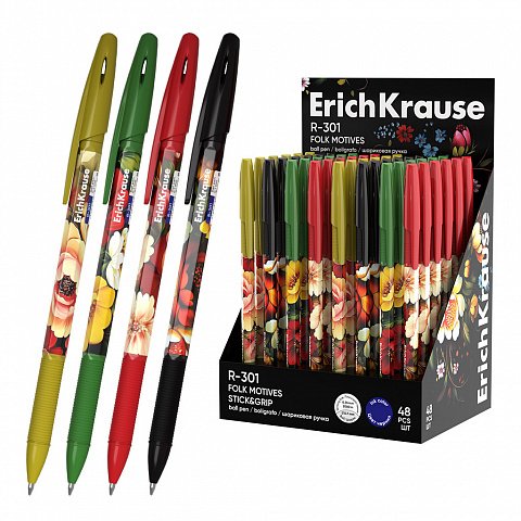 Ручка шариковая с рис. ErichKrause R-301 Stick&Grip Folk Motives 0,7мм синяя (линия 0,35мм)