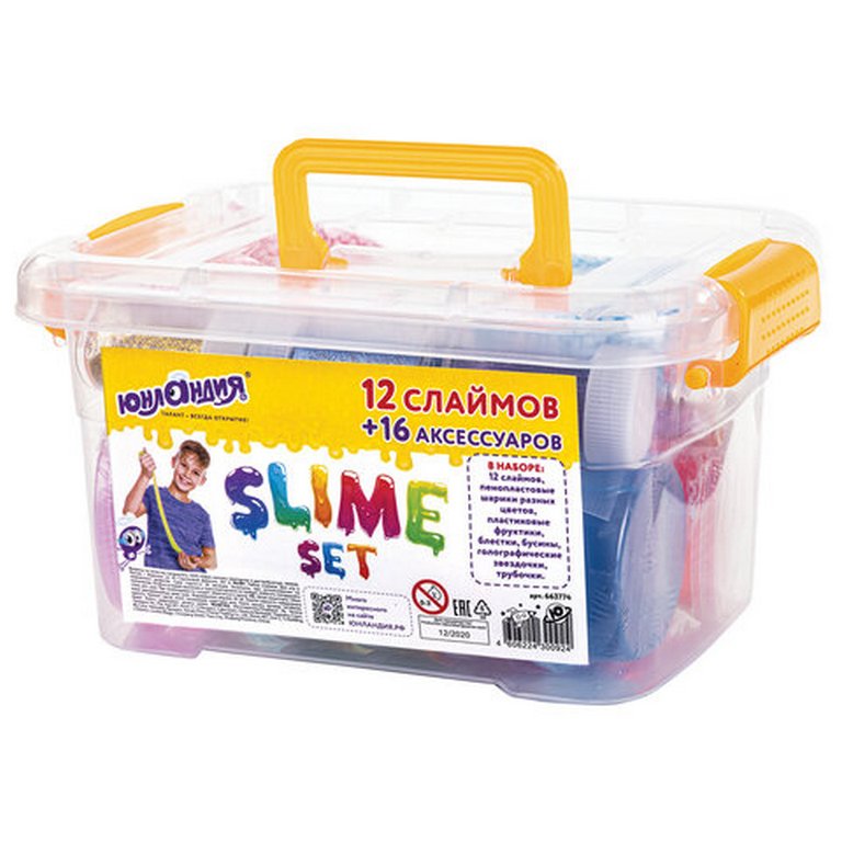 Слаймы (набор) 12 цветов, 16 аксессуаров в пластиковом боксе ЮНЛАНДИЯ