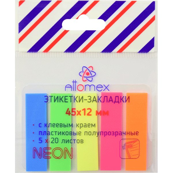 Бумага с клеевым краем  12*45 мм, 100л., 20л*5цв. неон (пластиковые) Attomex
